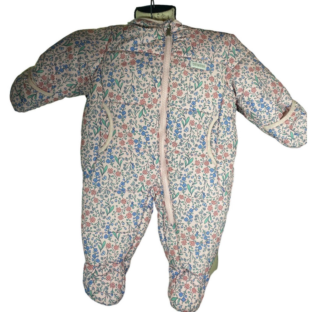 OshKosh B'Gosh Baby Girls Hooded Pram Pink Floral Puffer Suit With Cozy Lining